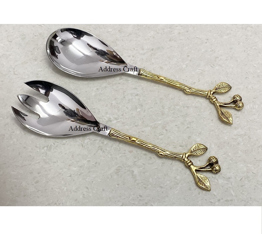 Leaf Design Brass Handle Stainless Steel Salad Server Multifunctional Usage Home Hotel Restaurant Salad Tools At Best Price