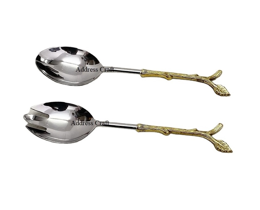 Leaf Design Brass Handle Stainless Steel Salad Server Multifunctional Usage Home Hotel Restaurant Salad Tools At Best Price