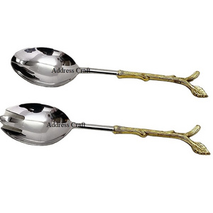 Leaf Design Brass Handle Stainless Steel Salad Server Multifunctional Usage Home Hotel Restaurant Salad Tools At Best Price