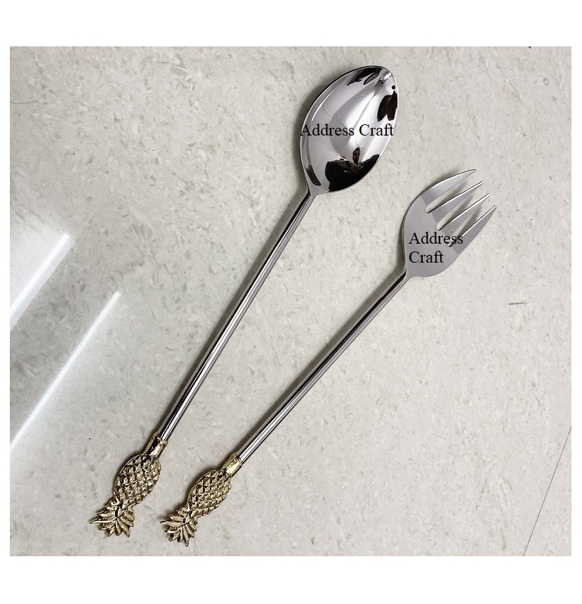 Leaf Design Brass Handle Stainless Steel Salad Server Multifunctional Usage Home Hotel Restaurant Salad Tools At Best Price