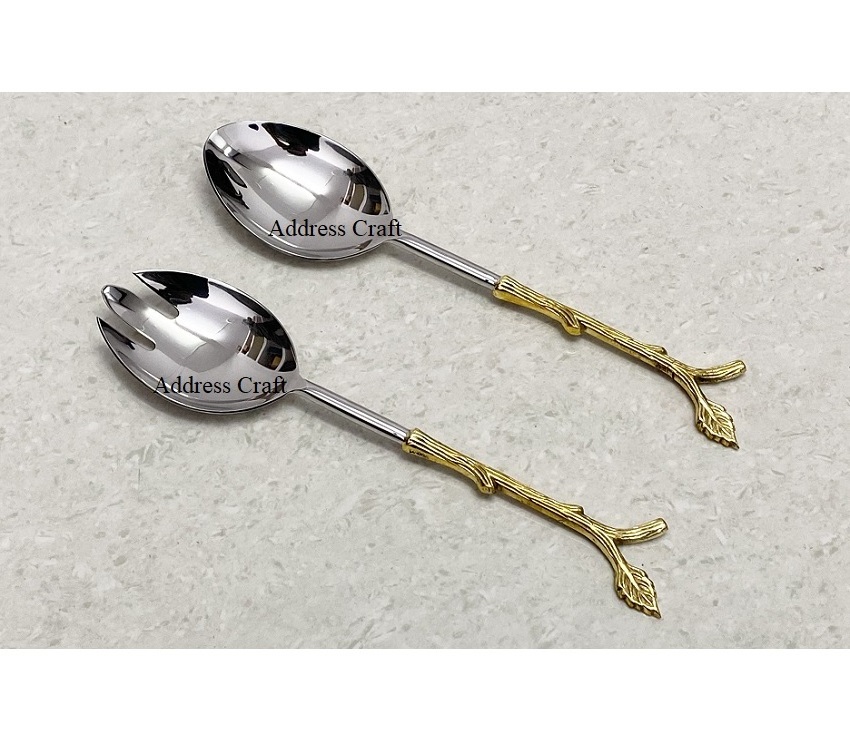 Leaf Design Brass Handle Stainless Steel Salad Server Multifunctional Usage Home Hotel Restaurant Salad Tools At Best Price