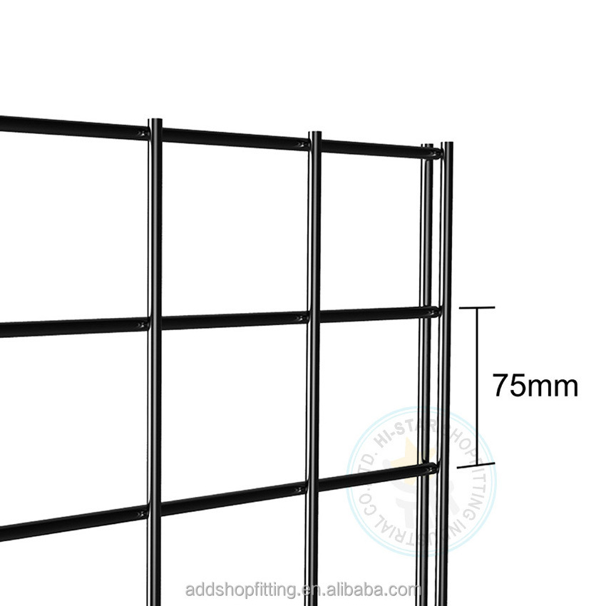 Black wire mesh panel grid wall display racks