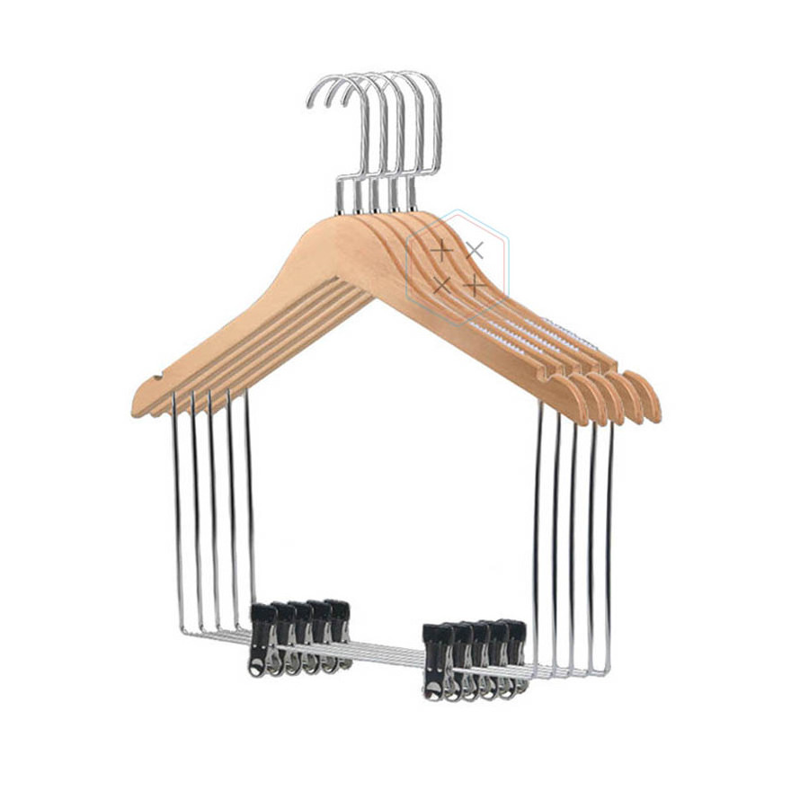 45 CM Wooden Pant Hanger, Wooden Suit Hangers with Steel Clips and Hooks, Natural Wood Collection Skirt Hangers