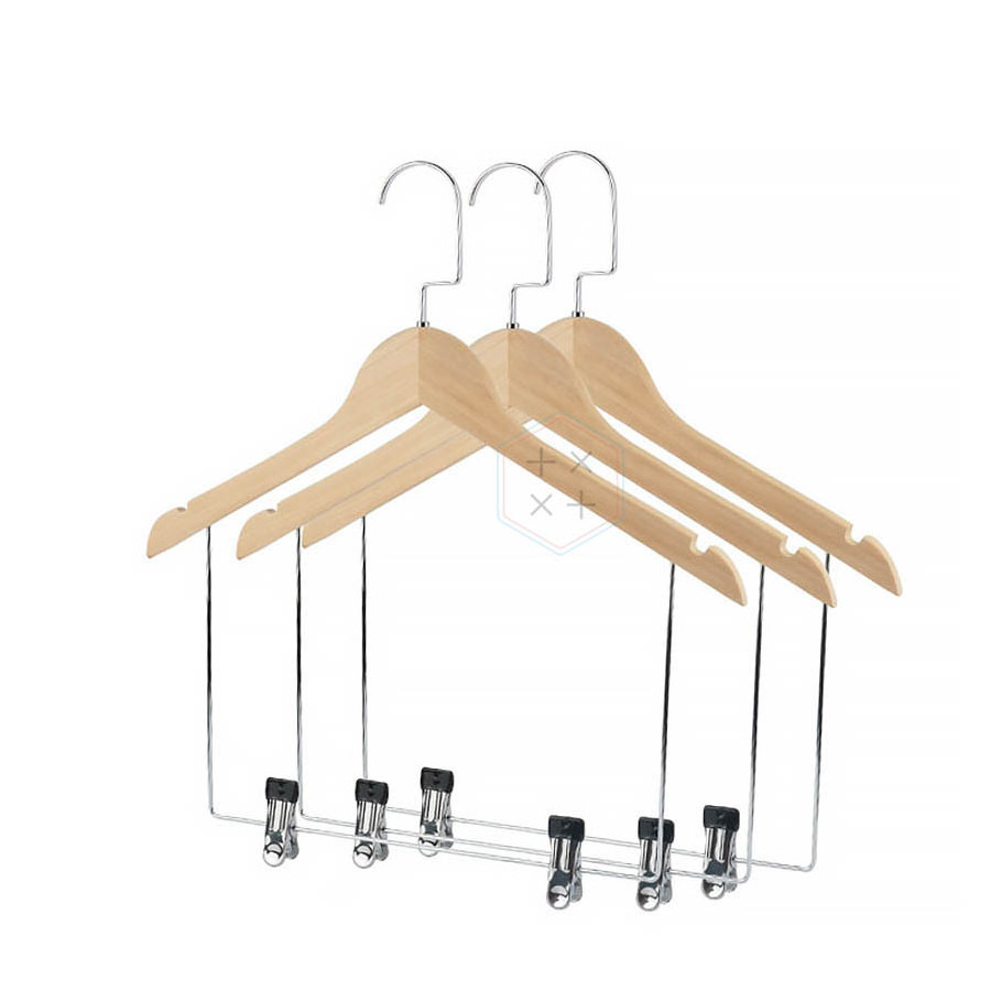 45 CM Wooden Pant Hanger, Wooden Suit Hangers with Steel Clips and Hooks, Natural Wood Collection Skirt Hangers