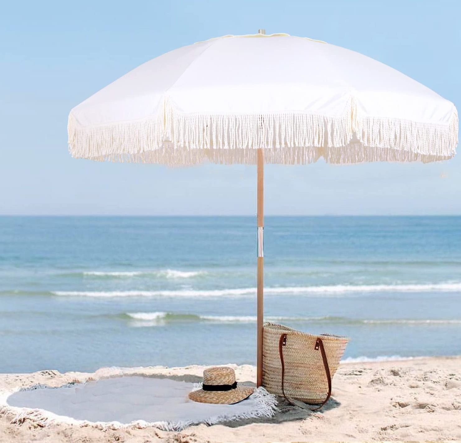 High Quality Luxury Boho Wooden Canvas Outdoor Garden Beach Sun Parasol Canopy White Vintage Fringe Beach Umbrella With Tassels