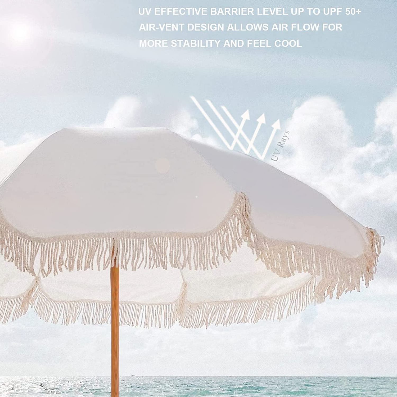 High Quality Luxury Boho Wooden Canvas Outdoor Garden Beach Sun Parasol Canopy White Vintage Fringe Beach Umbrella With Tassels