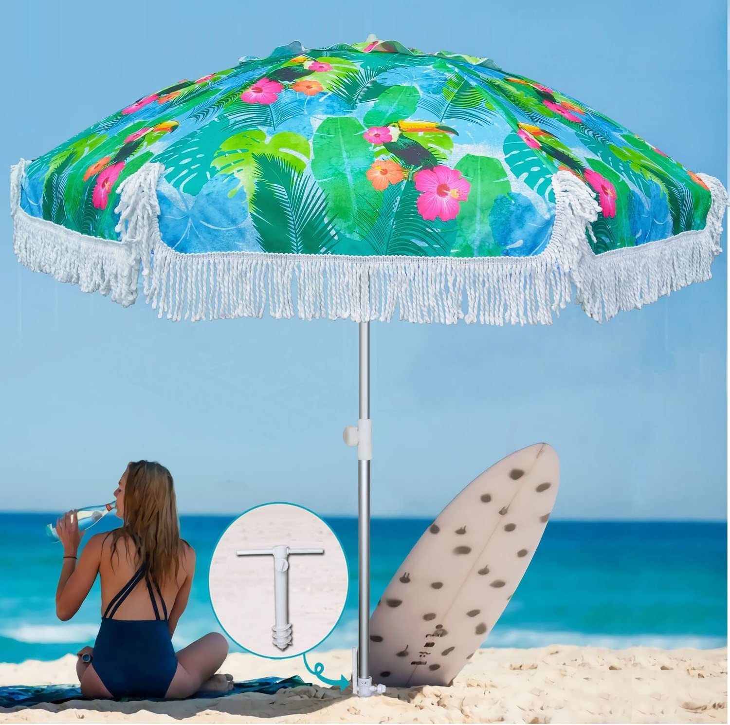 Luxury crochet patio wooden umbrella handmade cotton tassels 2.5M parasol macrame ropes open umbrella with fringe