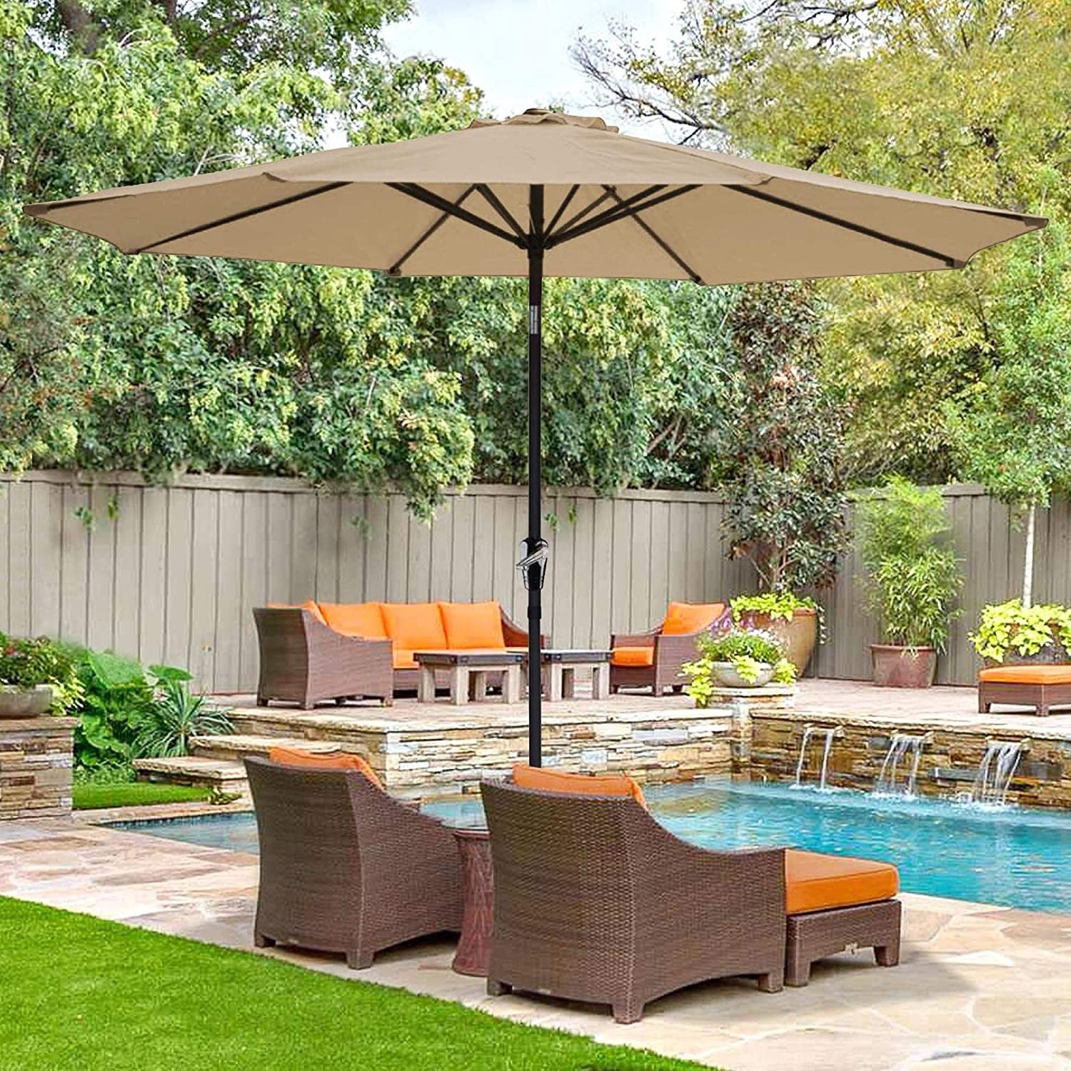 9ft Aluminum Outdoor Patio Tan Umbrella w/Crank Tilt Deck Market Yard Beach Pool Cafe Decor