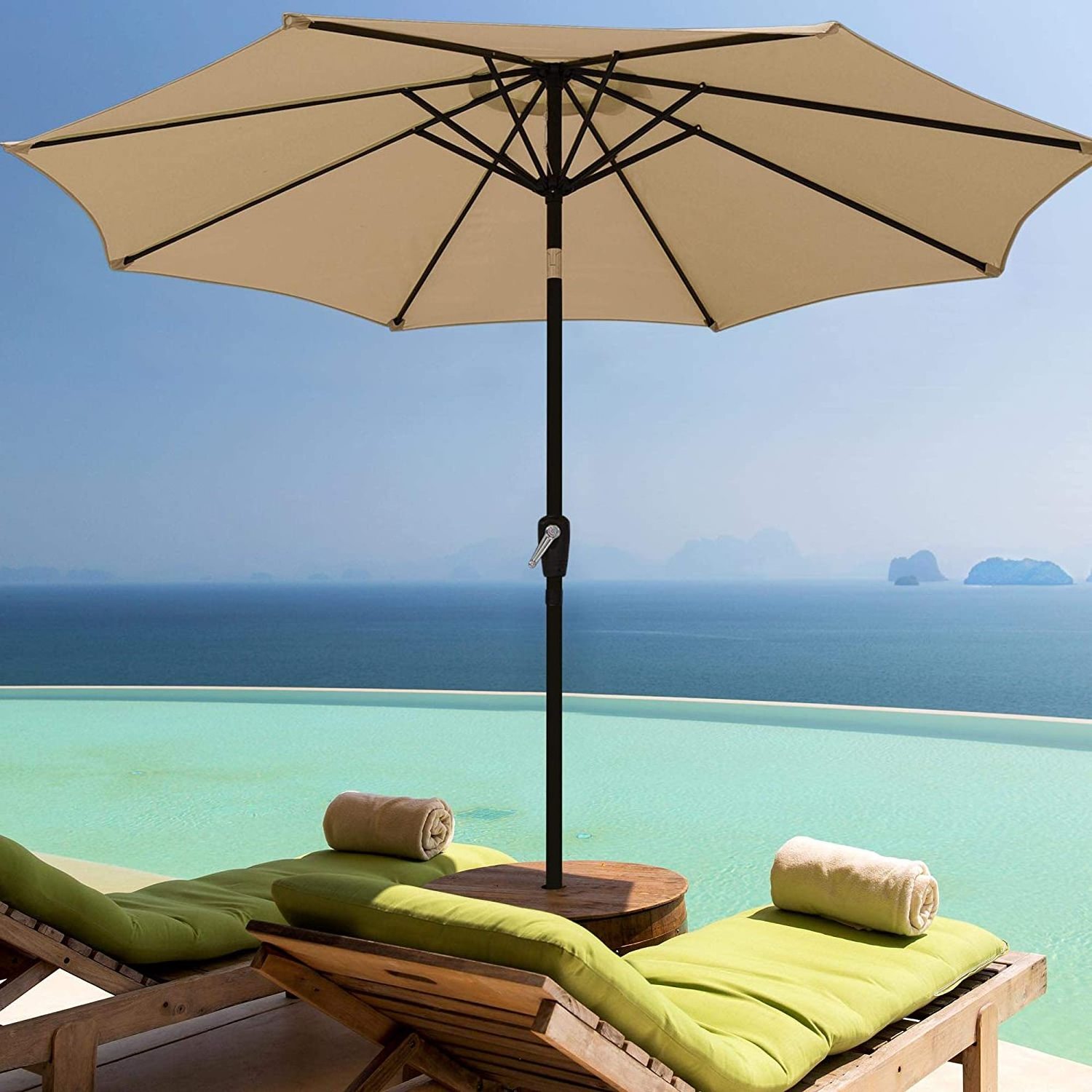 9ft Aluminum Outdoor Patio Tan Umbrella w/Crank Tilt Deck Market Yard Beach Pool Cafe Decor