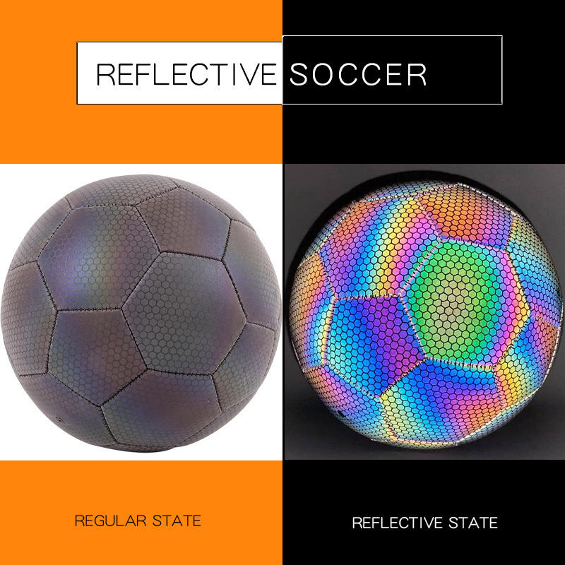 adekale drop ship holographic Reflective glowing soccer ball glow in the dark football balls with Custom logo and size