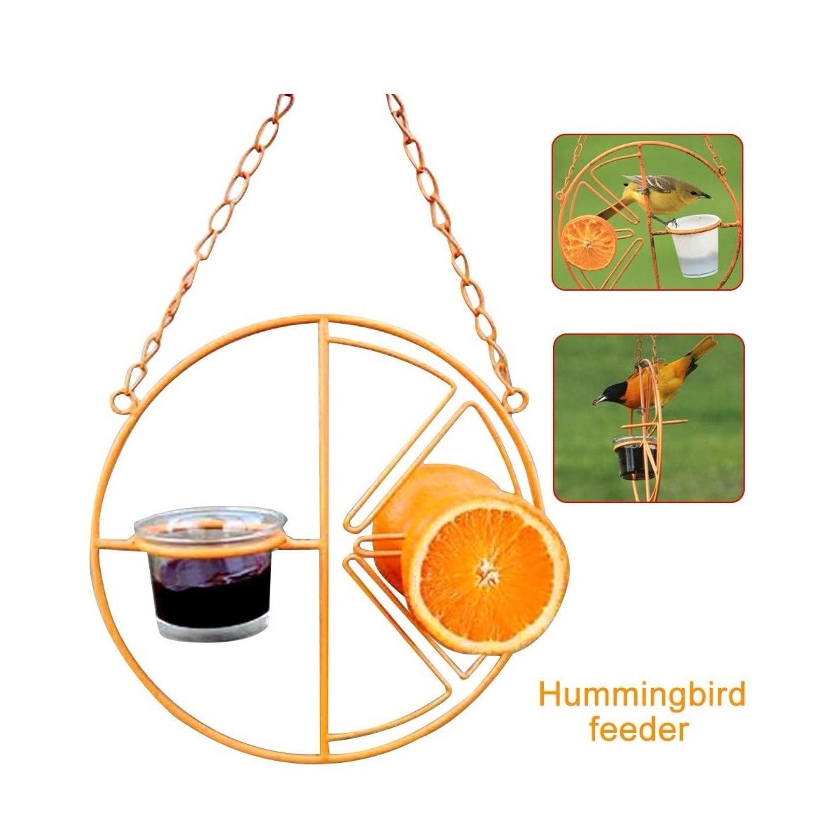 Hot Sale Orange Clementine Design Humming bird Outdoor Garden Hanging Bird Feeder with Glass Jelly cup