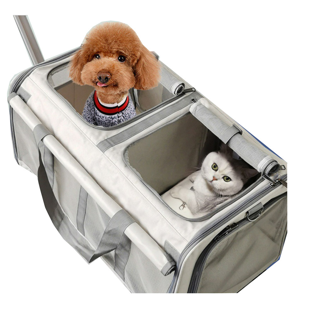 Airline Approved Soft Sided Double-Compartment Rolling Tote Luggage  Cat Dog Pet Carrier With Detachable Wheels Pet Trolley