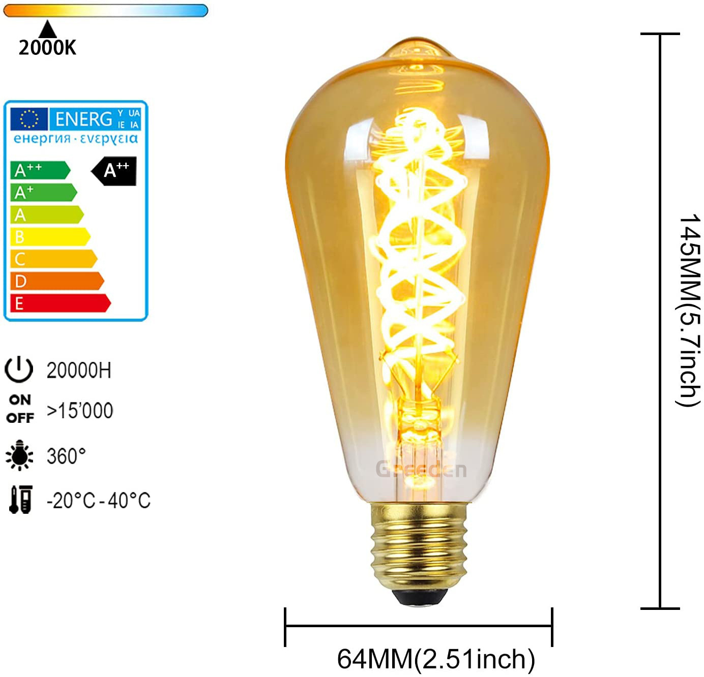 ST64 Retro Edison Spiral Filament Lamps Led Bulb Lights E26 220V 5W E27 Amber Glass 2200k Dimmable Decorative Globe LED Bulb