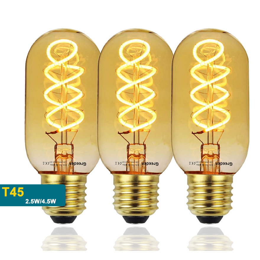 Antique Style Amber Tube 2W E27 E26 Base T45 Vintage Edison bulb Incandescent Old Fashioned led Light Bulb Warm Decorative Lamp