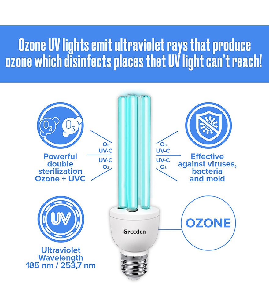 Greeden 254nm UV-C E27 E26 110V E27 230V 15W compact fluorescent germicidal lamp ultraviolet disinfect bulb light