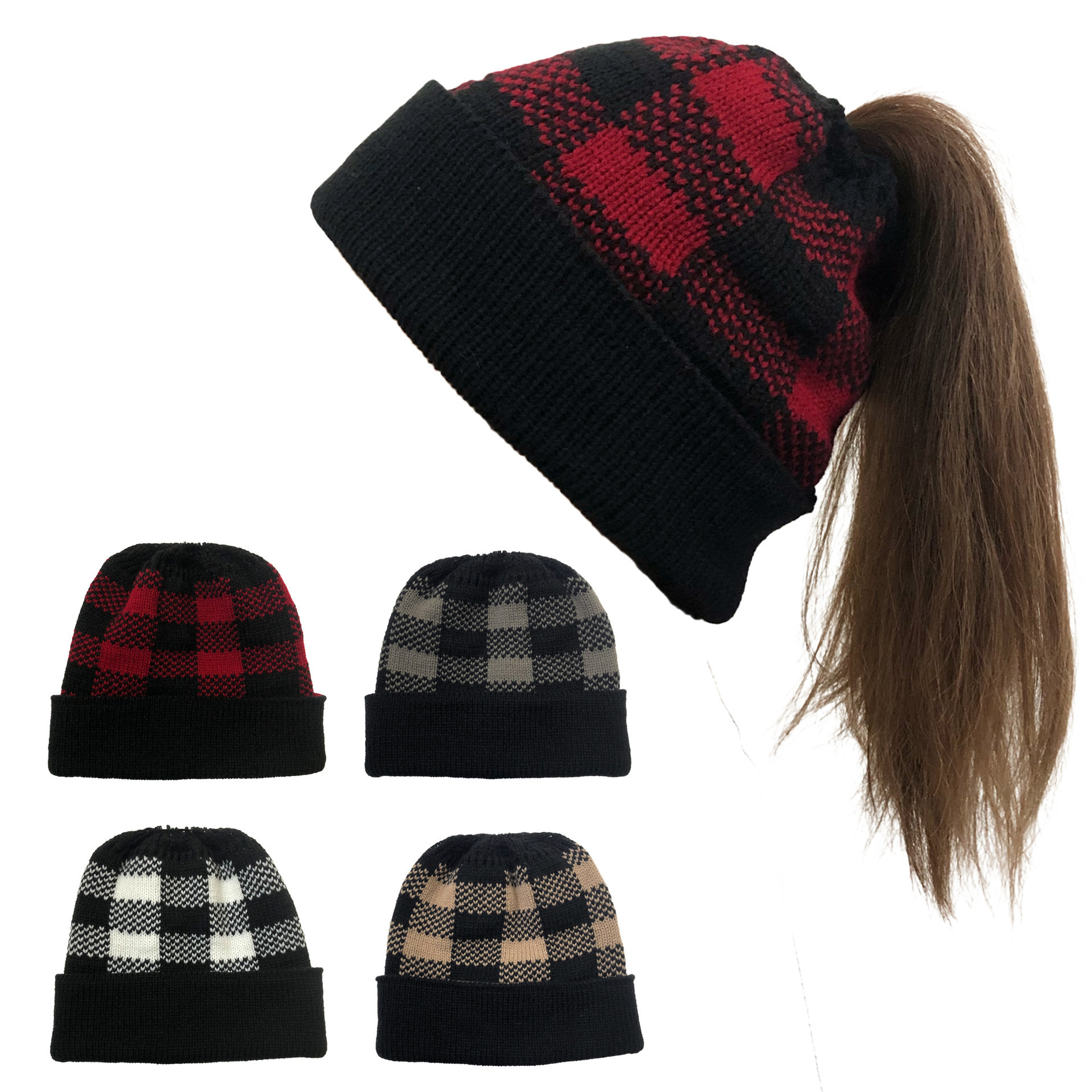 European and American Slough Ponytail Beanie Women Girls Knitted Hats Custom Beanies Hat