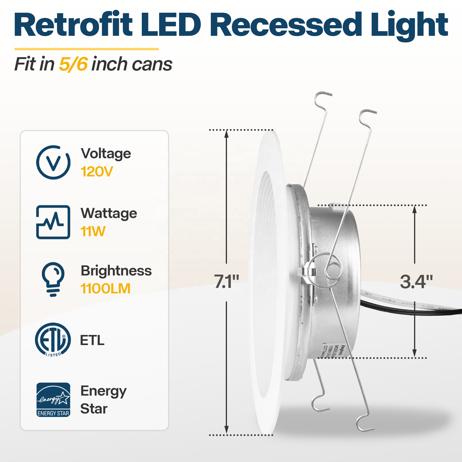 5/6 inch Selectable 5CCT (2700-5000K) Integrated LED White Recessed Light Dimmable Retrofit Trim high lumens ceiling lighting