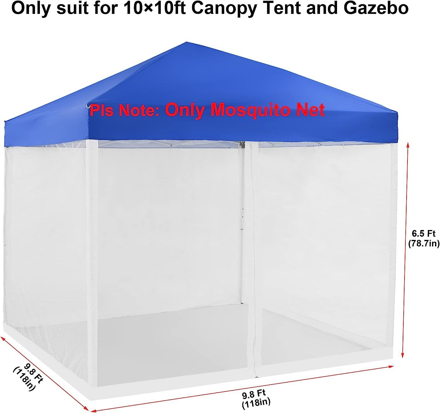 Mosquito Net with Zipper for 10' x 10' Patio Gazebo Canopy and Tent, Zippered Mesh Sidewalls Screen Walls for Outdoor Camping an