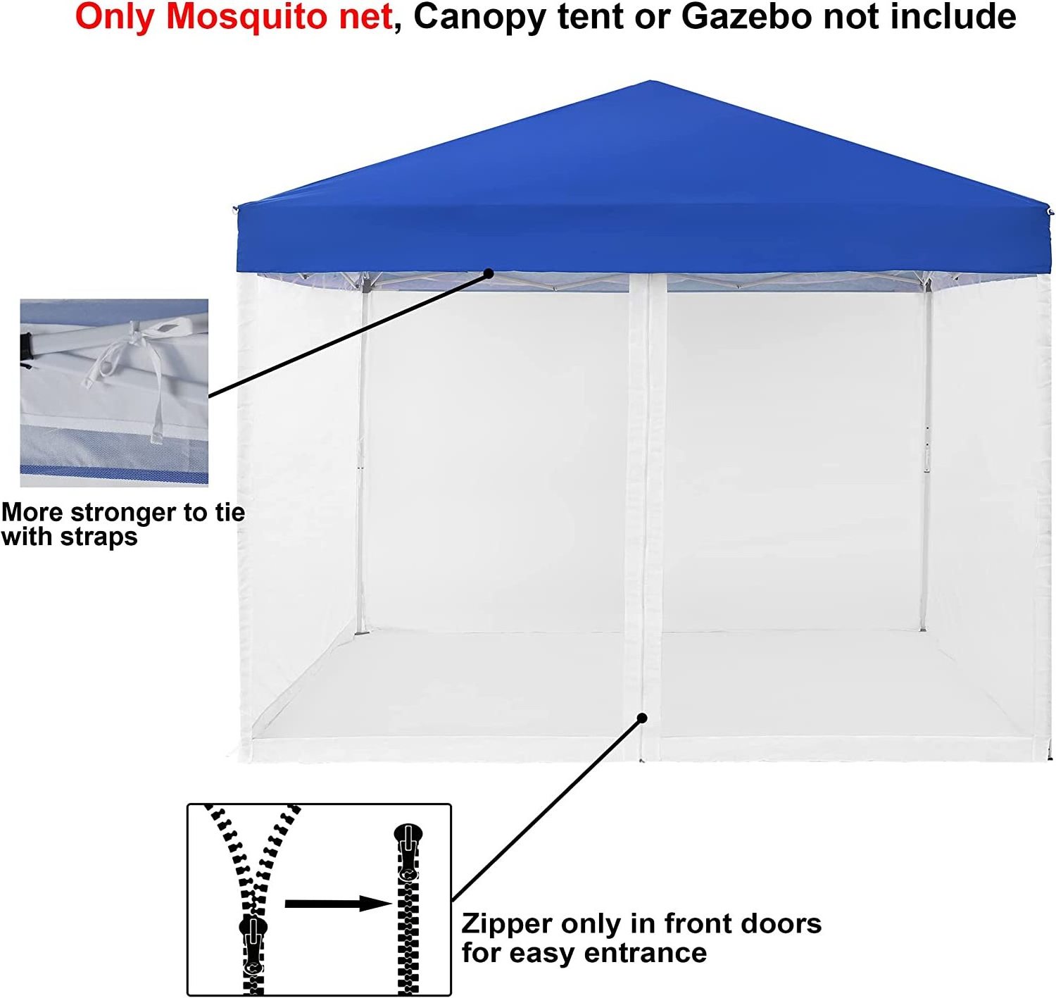 Mosquito Net with Zipper for 10' x 10' Patio Gazebo Canopy and Tent, Zippered Mesh Sidewalls Screen Walls for Outdoor Camping an