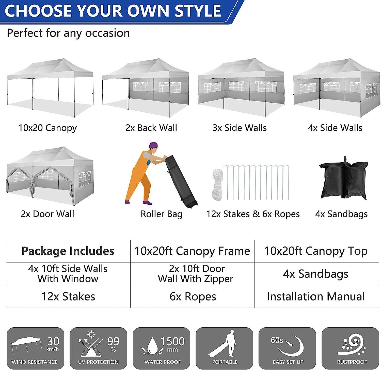 10x20 Heavy Duty Pop up Canopy with 6 sidewalls, Easy Set-up Commercial Heavy Duty Tent, Waterproof Outdoor party Wedding tent c