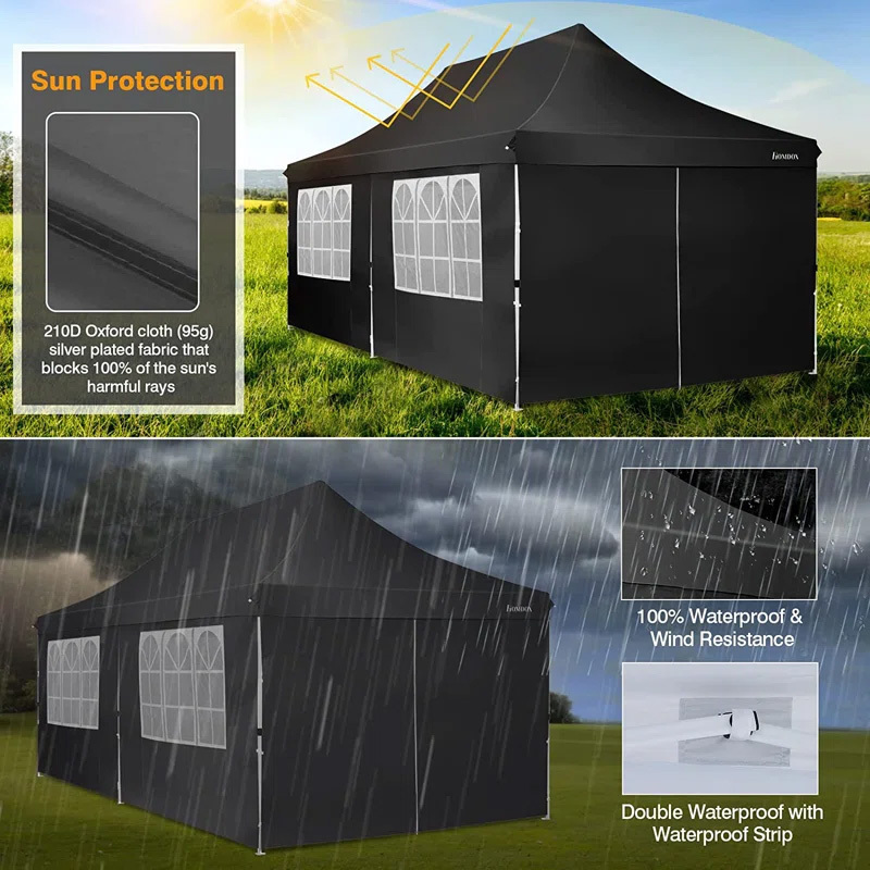 10x20ft Pop Up Canopy, Fully Waterproof Canopy Tent, 10x20 Canopy with Sidewalls for Outdoor Sports, Black