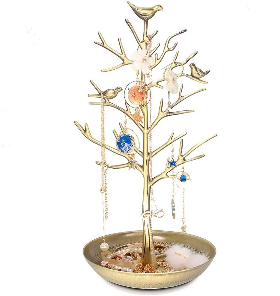 Silver Birds Tree Jewelry Stand Display Earring Necklace Holder Organizer Rack Tower