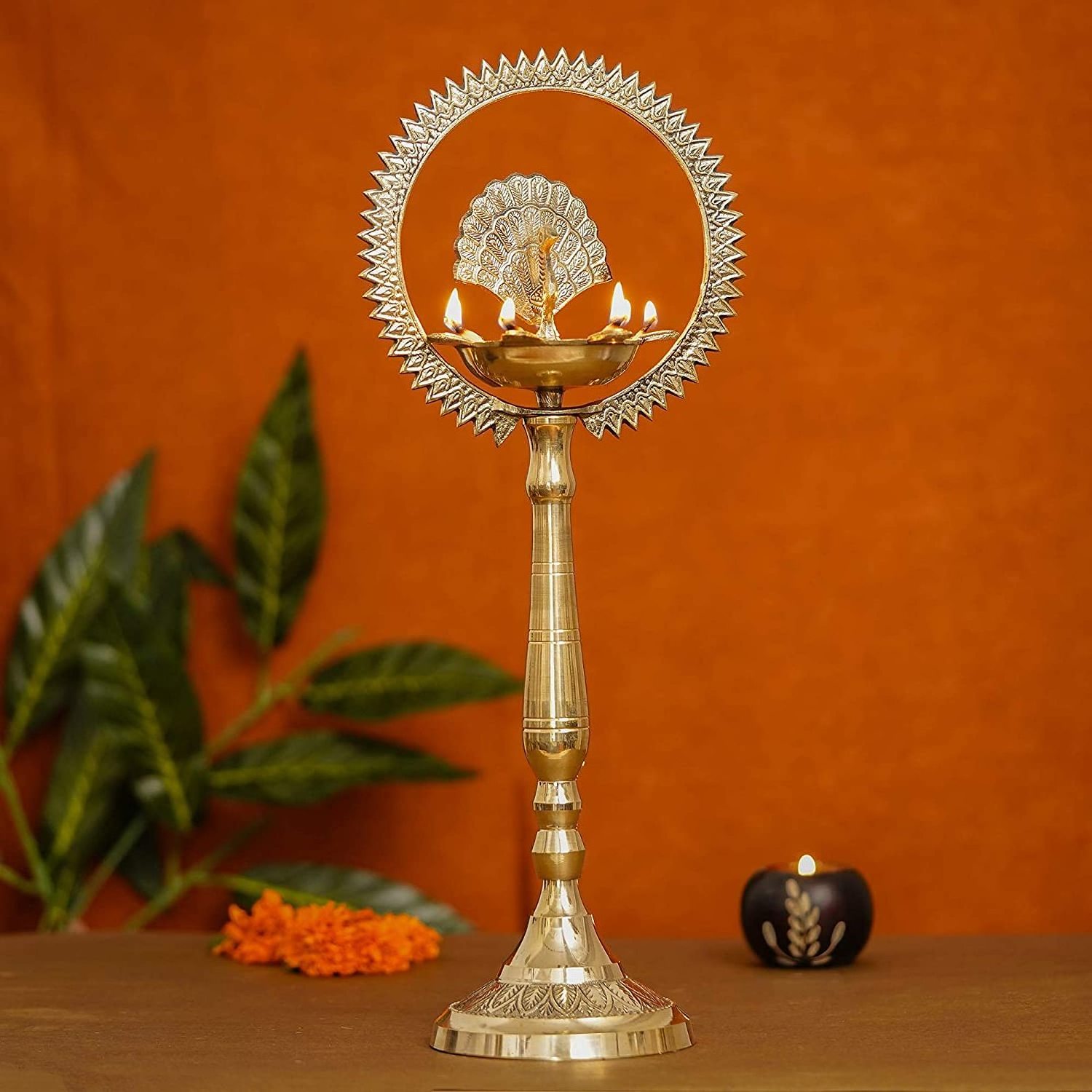 Pure Brass Peacock Indian Traditional Brass Table Deepak Samay  Diya Oil Diwali Puja Lamp