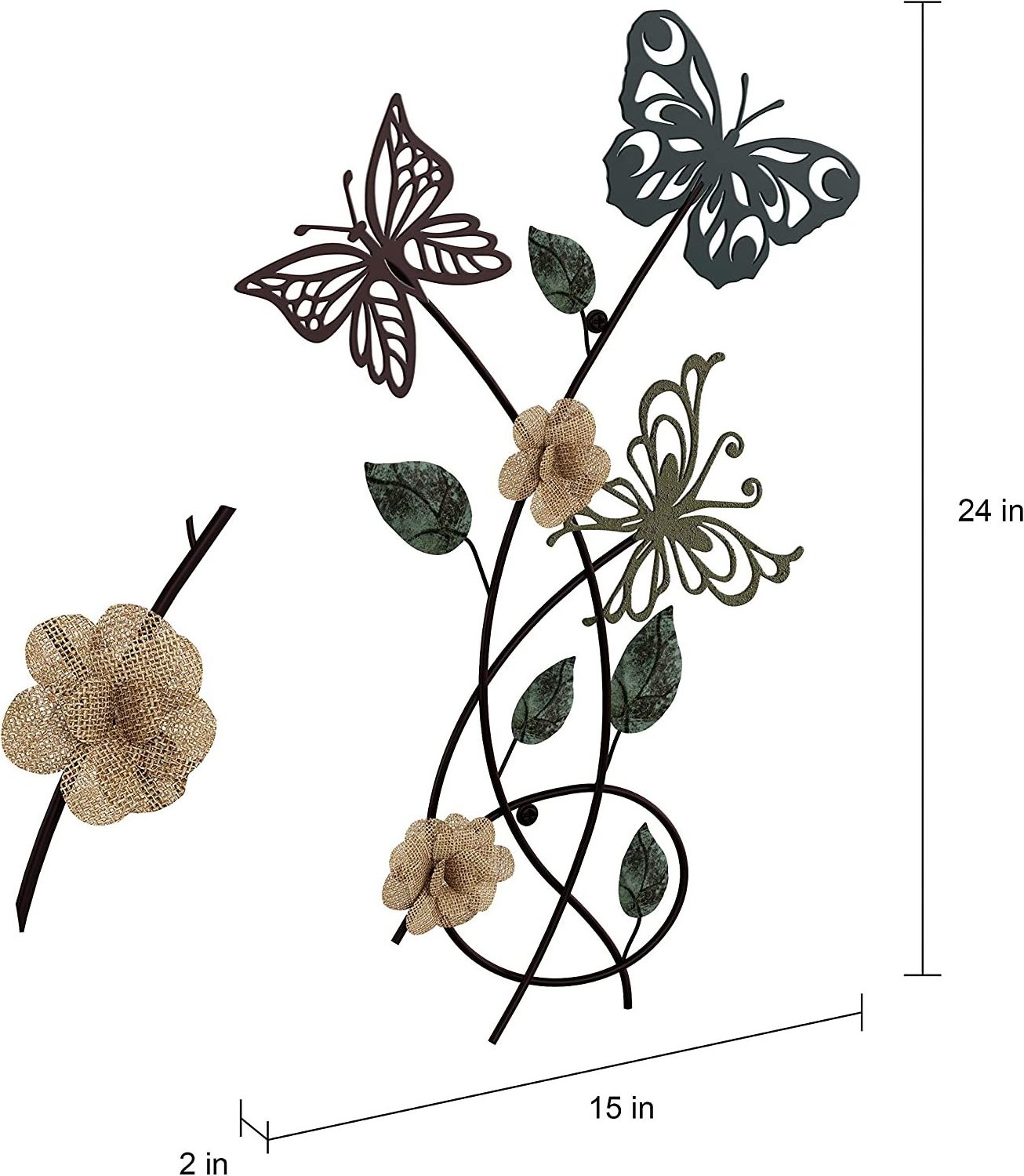 Home Garden Metal Wall Art Hand Painted 3D Butterflies and Flowers Modern Farmhouse Home or Office Decor