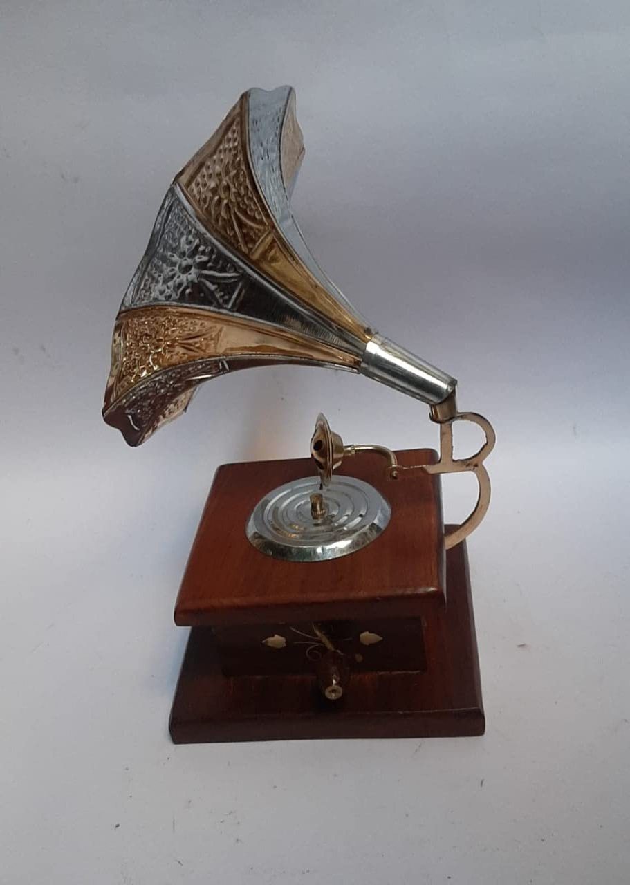 Musical Instrument Gramophone Wood and Brass Frame Table Decorative and Office Best showpiece for Gifting