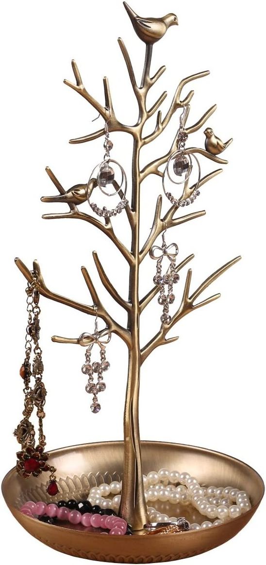 Silver Birds Tree Jewelry Stand Display Earring Necklace Holder Organizer Rack Tower