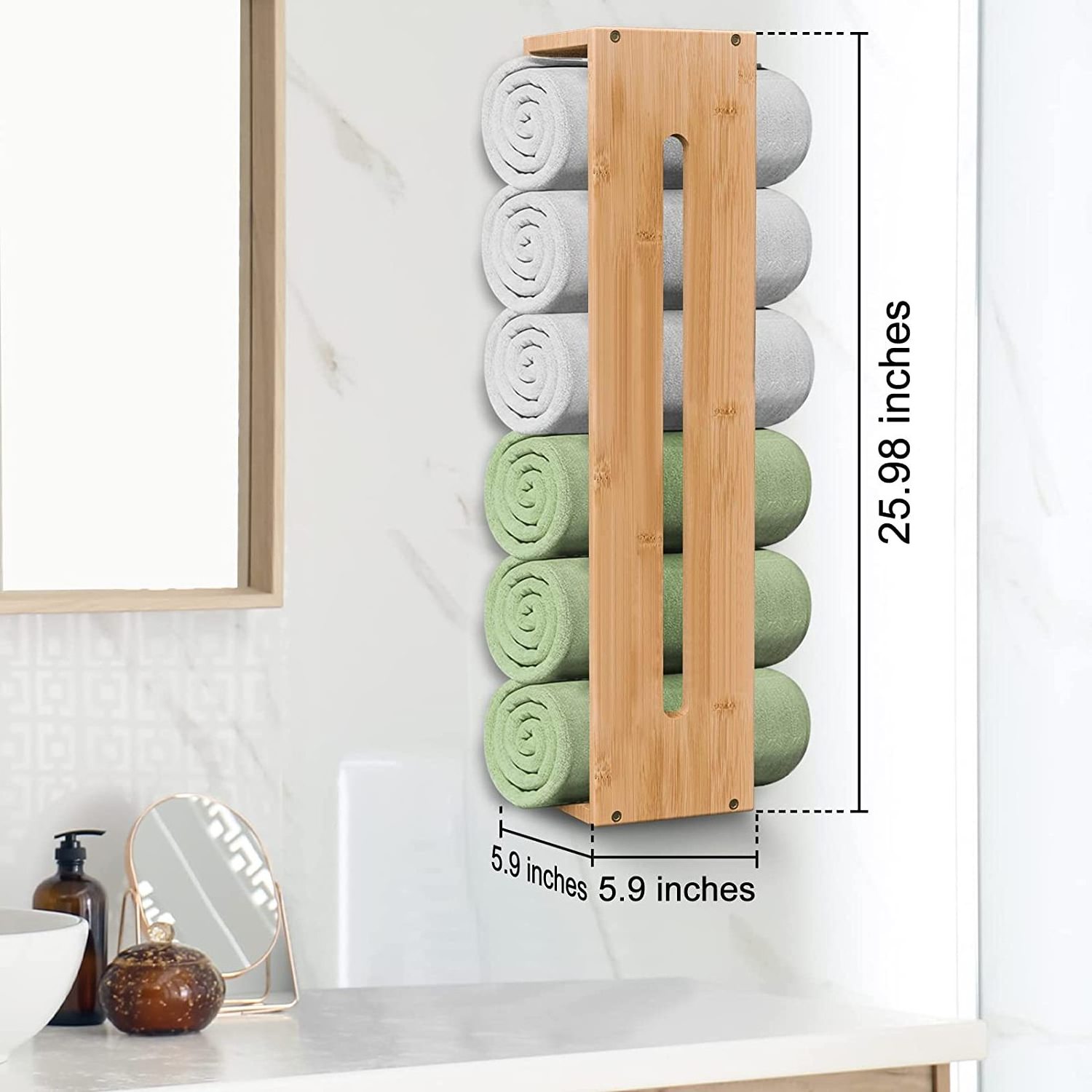 Rolled Towel Rack Wall Mounted Bathroom Bamboo Towel Holder Shelf Rolled Bath Towels Storage Organizer