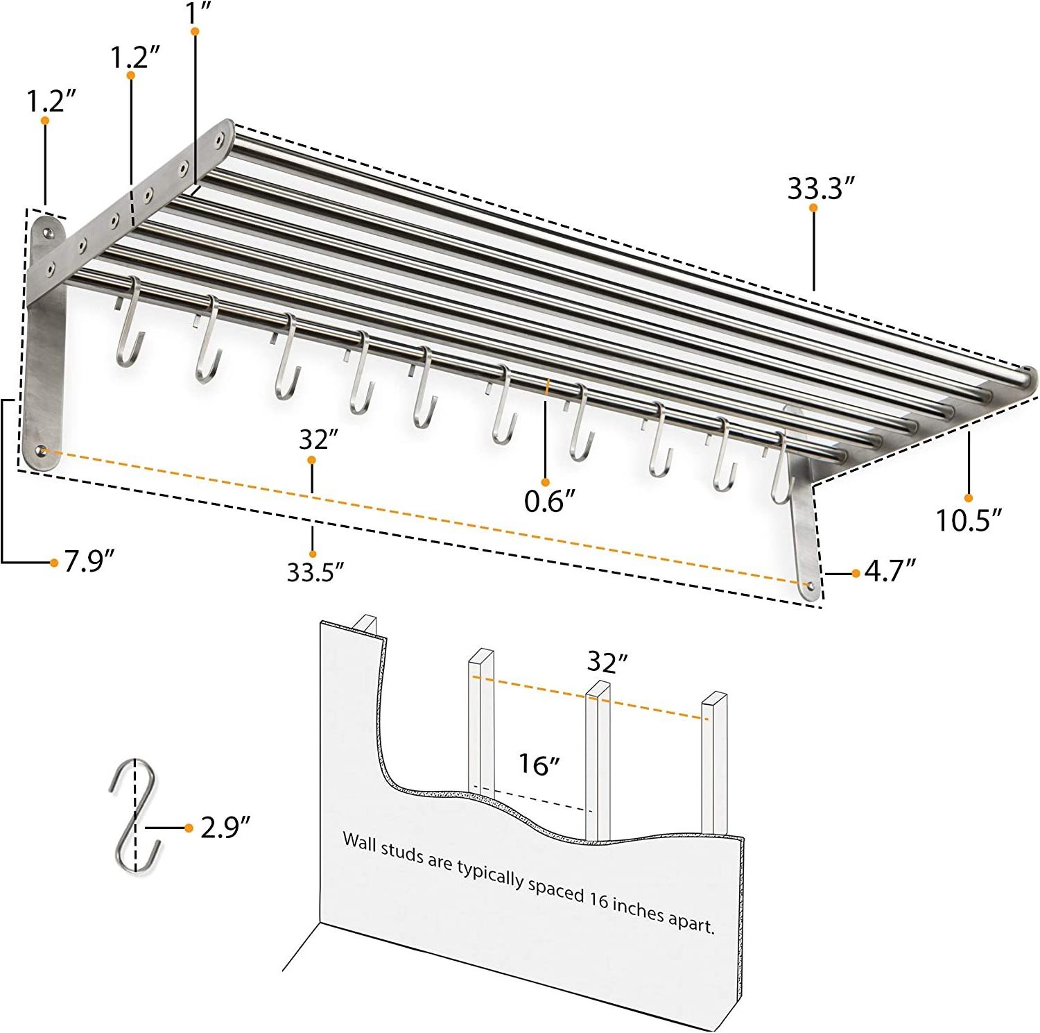 Kitchen Organization and Storage Rack Stainless Steel Metal Wall Shelf with 10 S Hooks for Hanging Pots and Pans