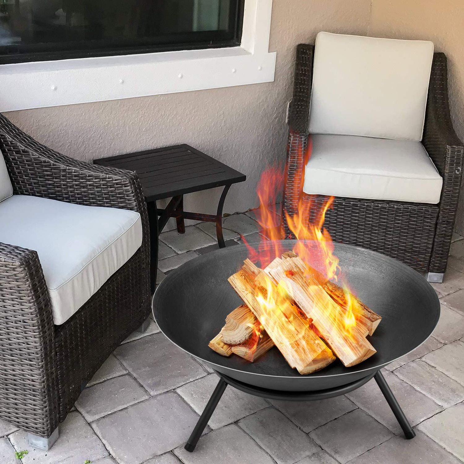 Fire Pit Outdoor Wood Burning 22.6in Firepit Firebowl Fireplace Heater Log Charcoal Burner Extra Deep Large Round Camping