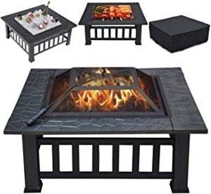 Multifunctional Fire Pit Table 32in Square Metal Firepit Stove Backyard Patio Garden Fireplace for Camping Outdoor Heating