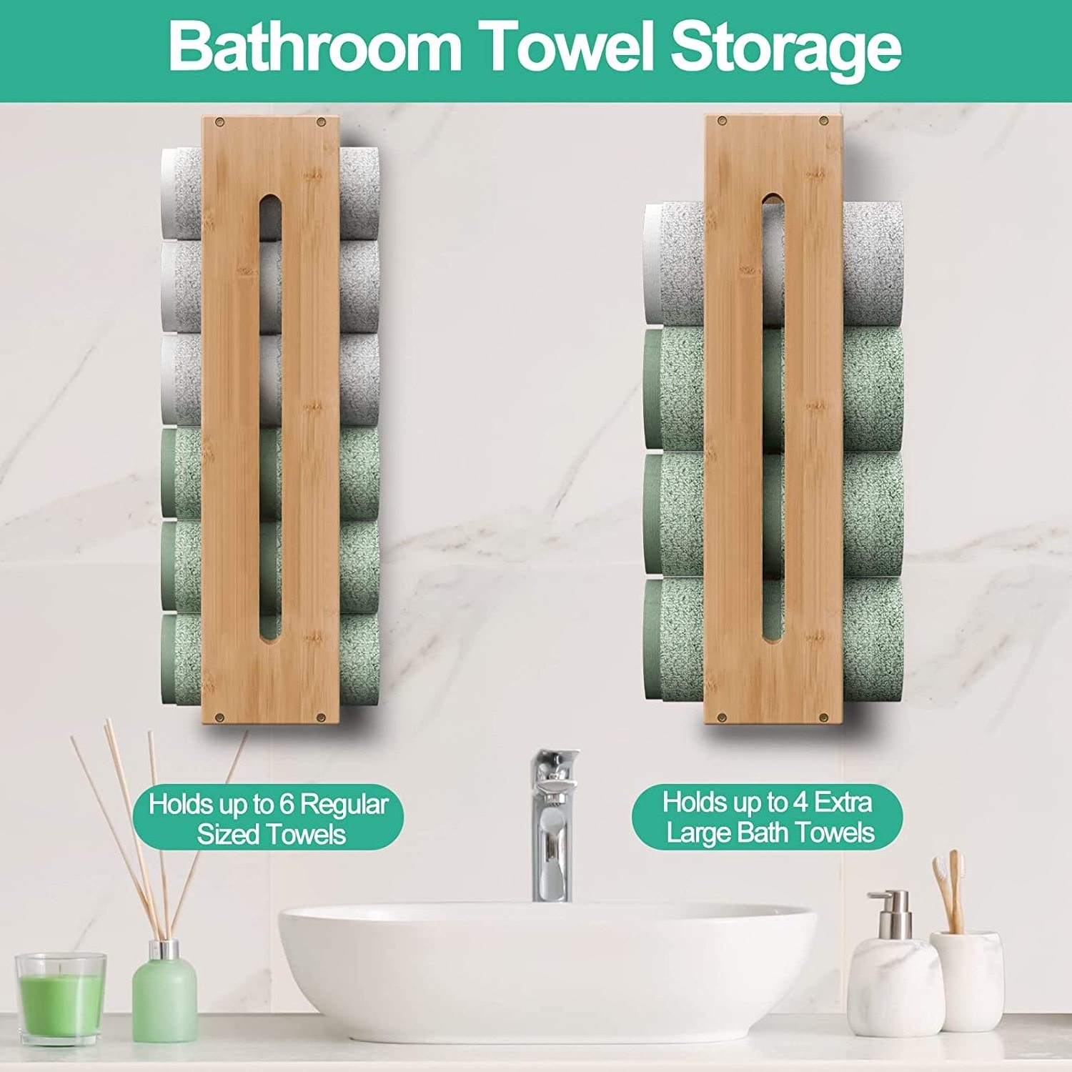 Rolled Towel Rack Wall Mounted Bathroom Bamboo Towel Holder Shelf Rolled Bath Towels Storage Organizer