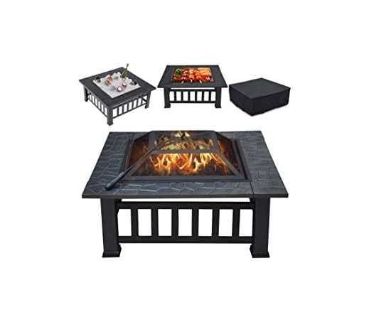 Multifunctional Fire Pit Table 32in Square Metal Firepit Stove Backyard Patio Garden Fireplace for Camping Outdoor Heating