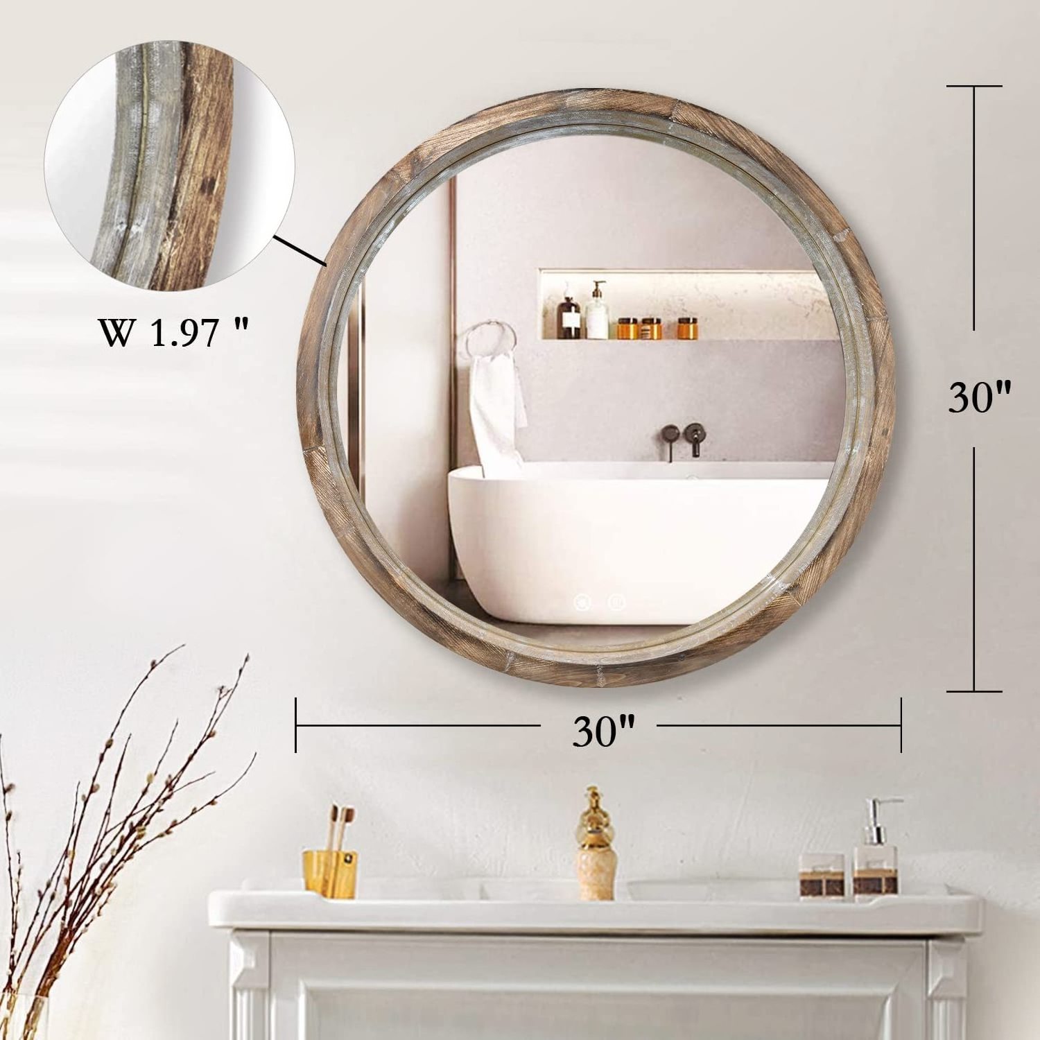 Premium Design 30 inch Round Bathroom Mirror Bathroom Vanity Mirror Wall Mirror with Wood Frame Handmade By Adiba  Home Decor