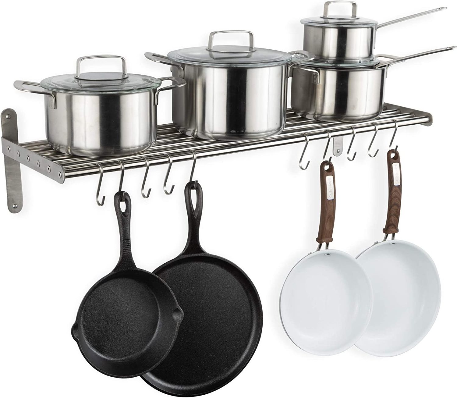 Kitchen Organization and Storage Rack Stainless Steel Metal Wall Shelf with 10 S Hooks for Hanging Pots and Pans