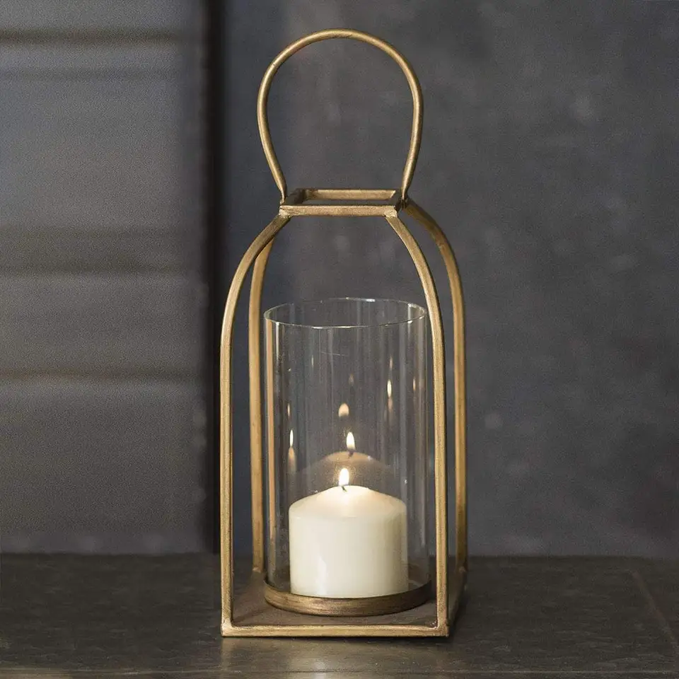 mid-century design  Antique Brass Metal Lantern Candle Holder with Clear Glass Rustic Candle Holder Metal Black Holders Bath Bod