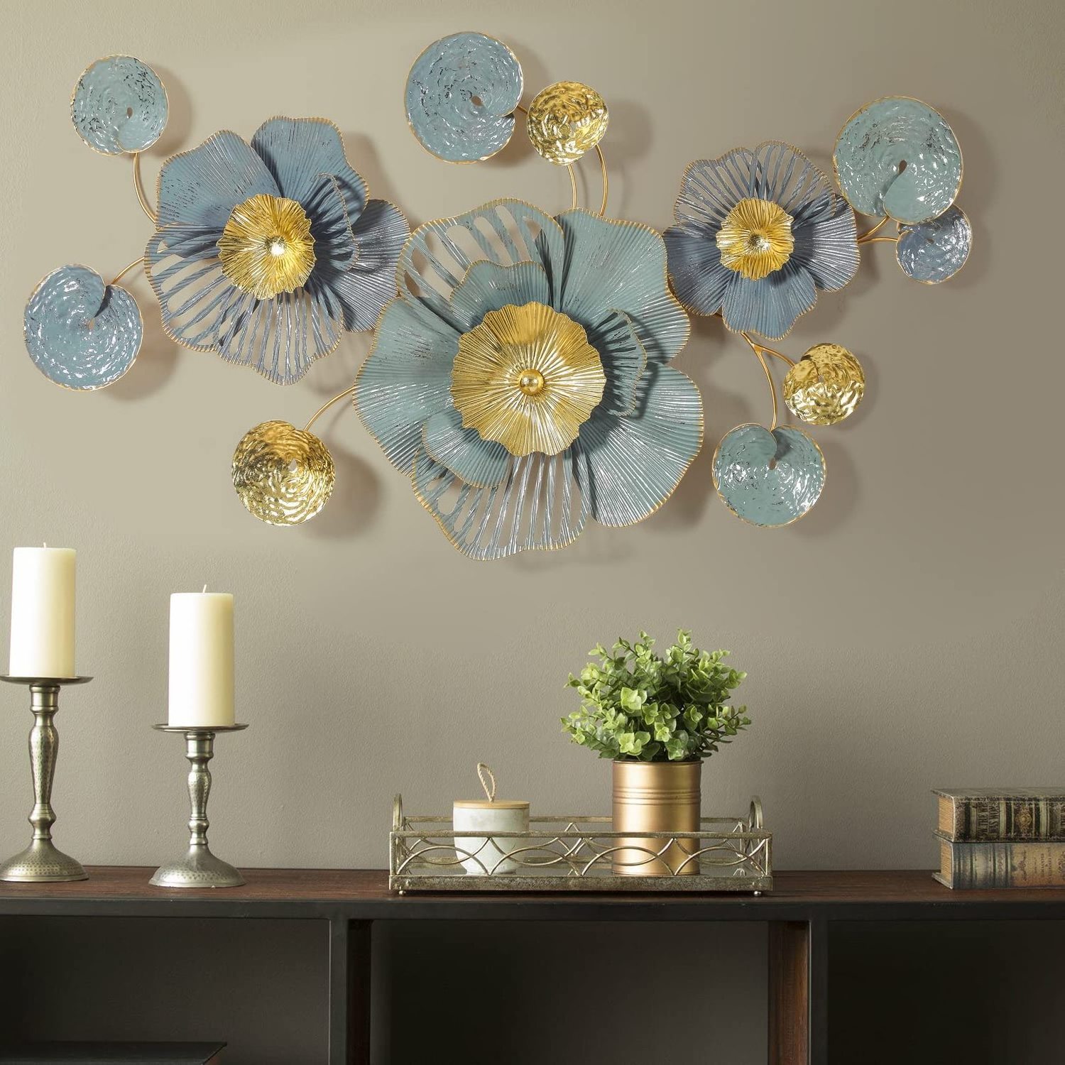 37.5Inch  Metal Flowers Wall Decor- Boho Large Wall Sculptures Art Handmade 3D Wall Hanging Decoration