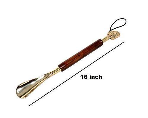 Metal Solid Brass Shoe Horn with Mahogany Wooden Handle and Brass Horse's Head 16 Inch Long