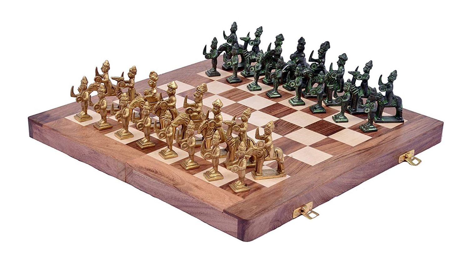 Rajasthani Black Antique and Brass Antique Wooden Chess Board 16x16-inch Folding