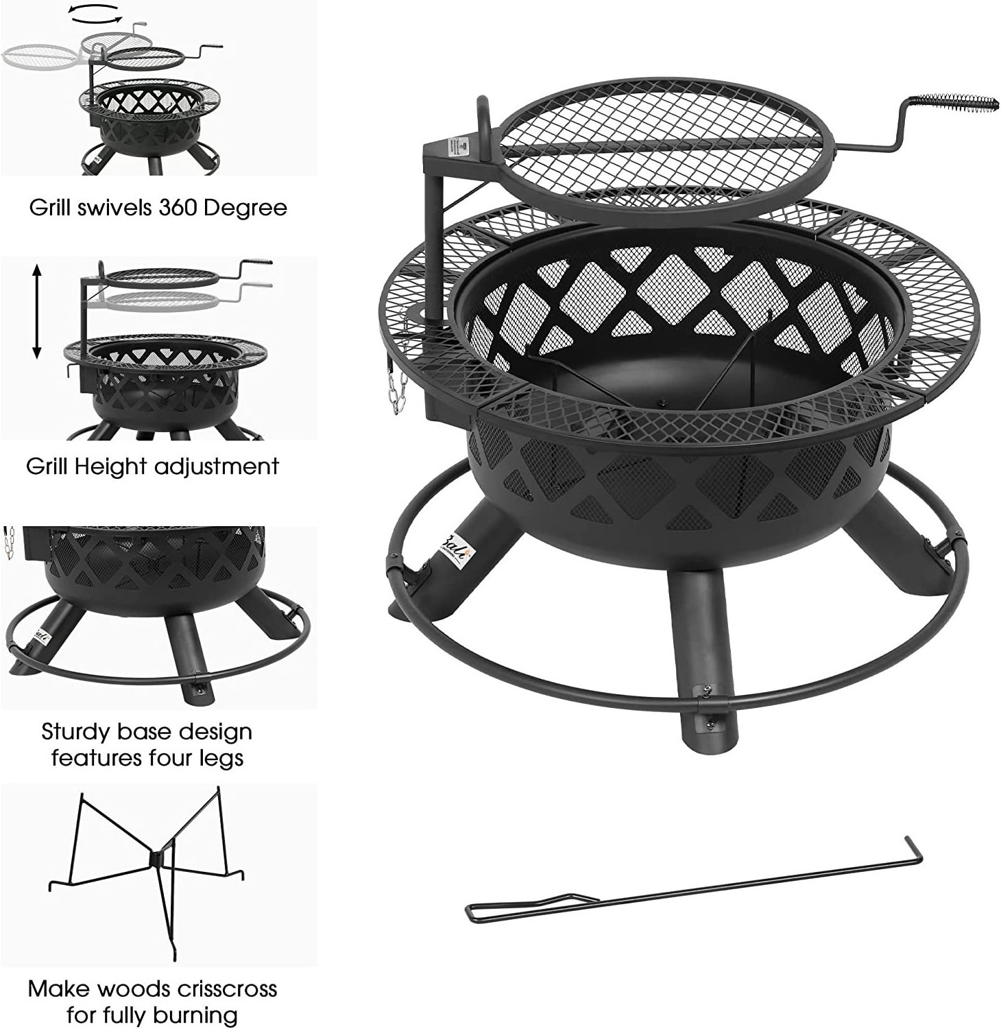 Wood Burning Fire Pit with Quick Removable Cooking Grill Black By Adiba Home Decor