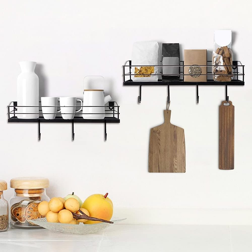 Metal Black Floating Shelves Wall Mounted with 8 Removable Hanging Hooks handmade By Adiba Home Decor