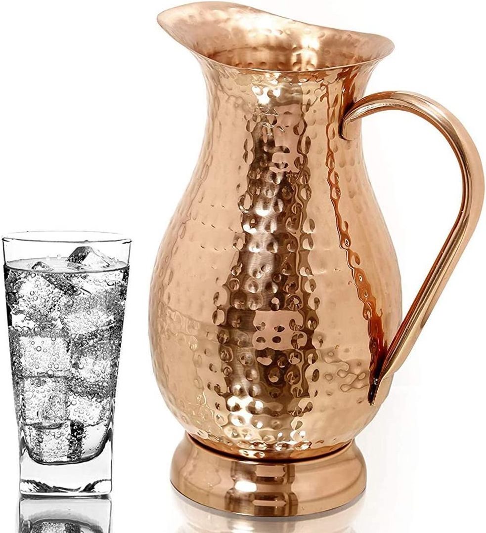 Copper Pitcher with a Lid - Pure Solid Copper Handcrafted Hammered Jug Capacity 70 Oz  Pure Copper Carafe For Home  Hotel