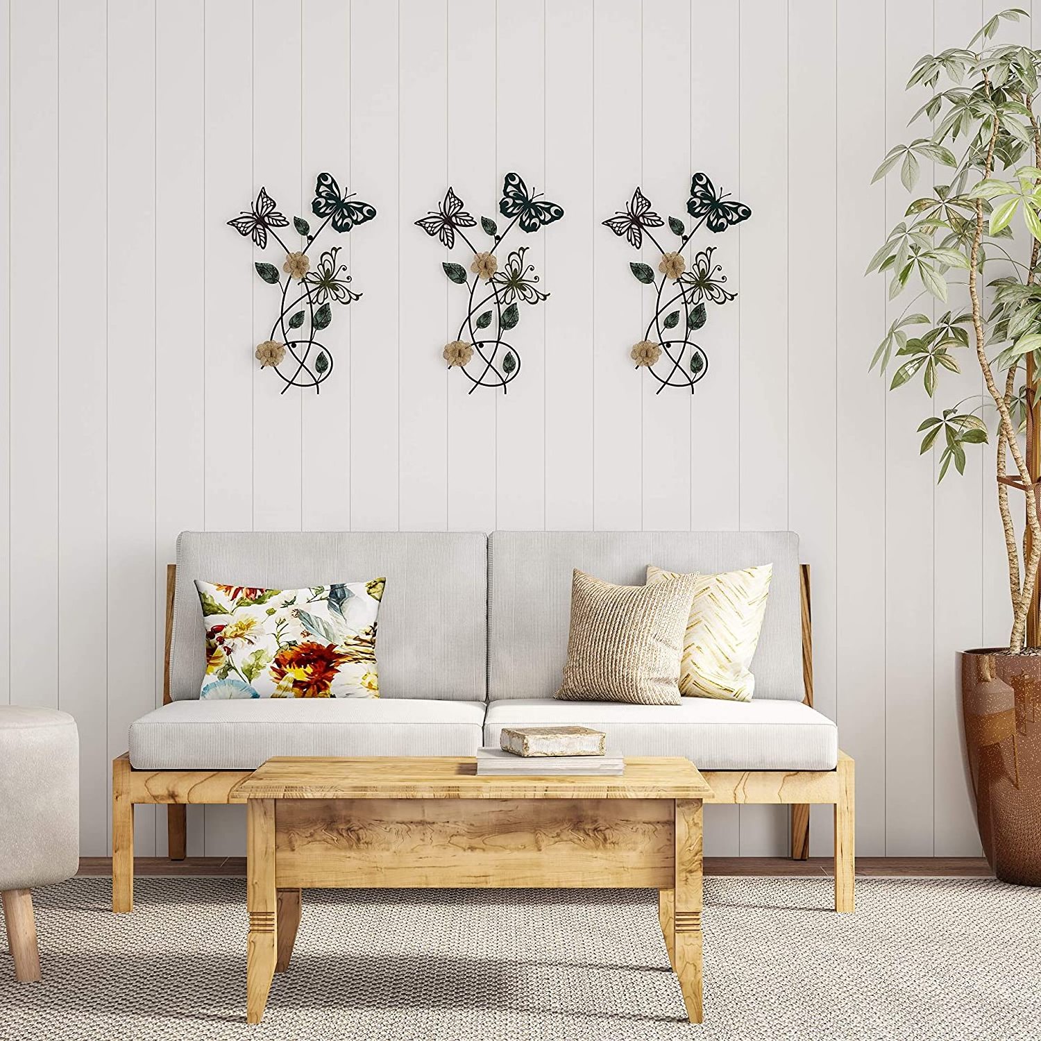 Home Garden Metal Wall Art Hand Painted 3D Butterflies and Flowers Modern Farmhouse Home or Office Decor