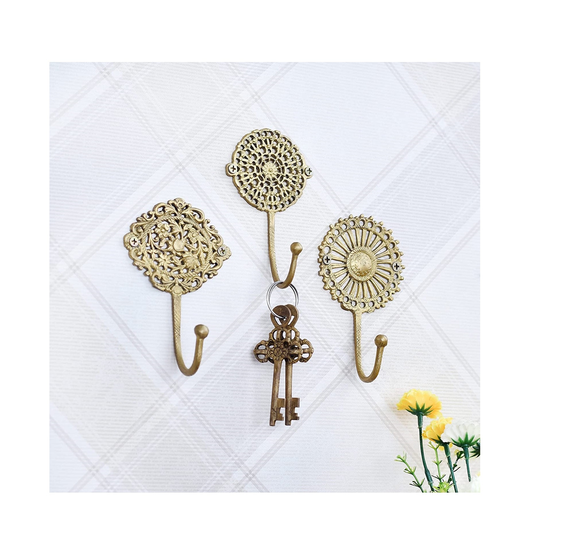 Affordable Price 3 Wall Hooks- Decorative - Boho Brass -Shabby Chic- Key Holder- Coat Rack Mount- Gold