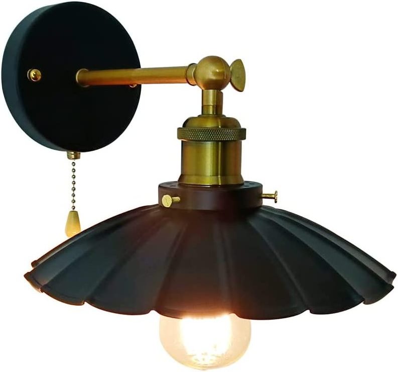 Industrial Black Wall Sconce Light Vintage 1-Light Switch Farmhouse Wall Lamp Pull Chain Wall Sconce Lighting for Bedroom