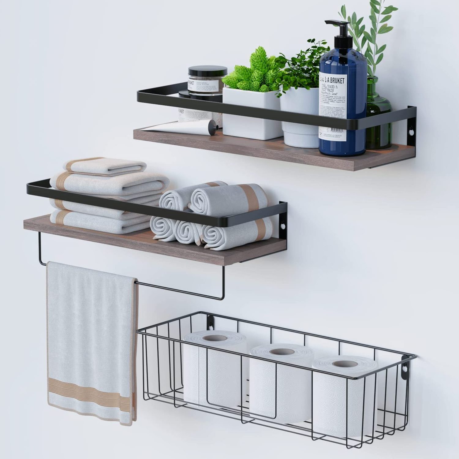 Floating Shelves with Toilet Paper Basket Set Rustic Wall Shelves with Removable Towel Bar Farmhouse Floating Bathroom Shelves