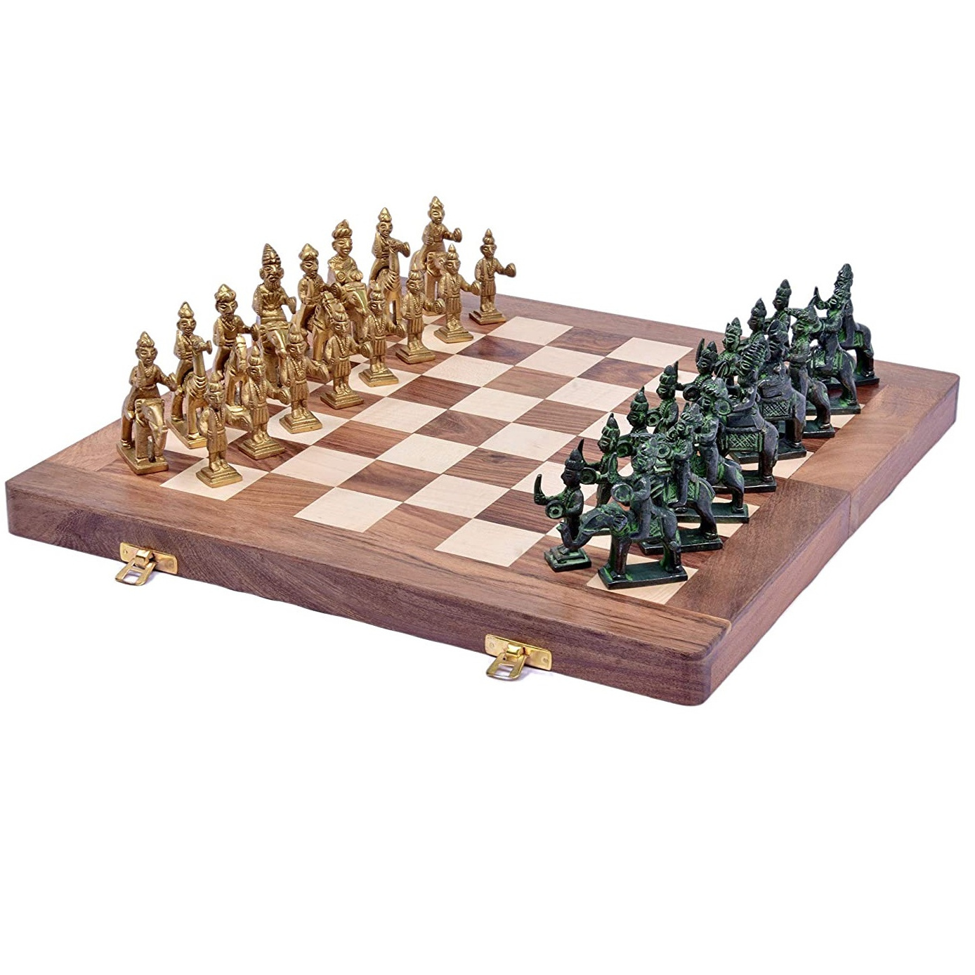 Rajasthani Black Antique and Brass Antique Wooden Chess Board 16x16-inch Folding